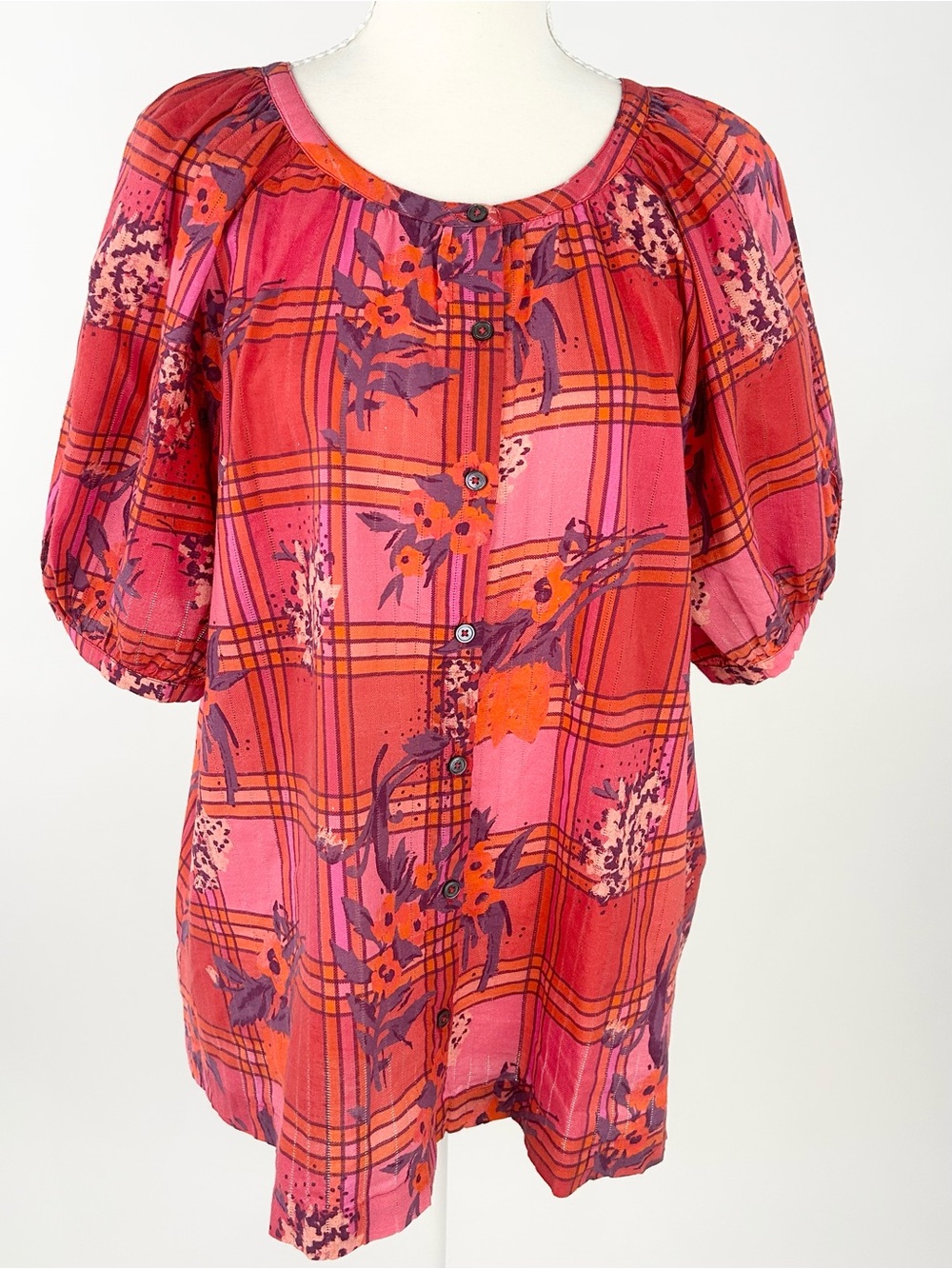 Sundance Plaid Floral Cotton Blouse L Boho Puff Sleeve Button Front